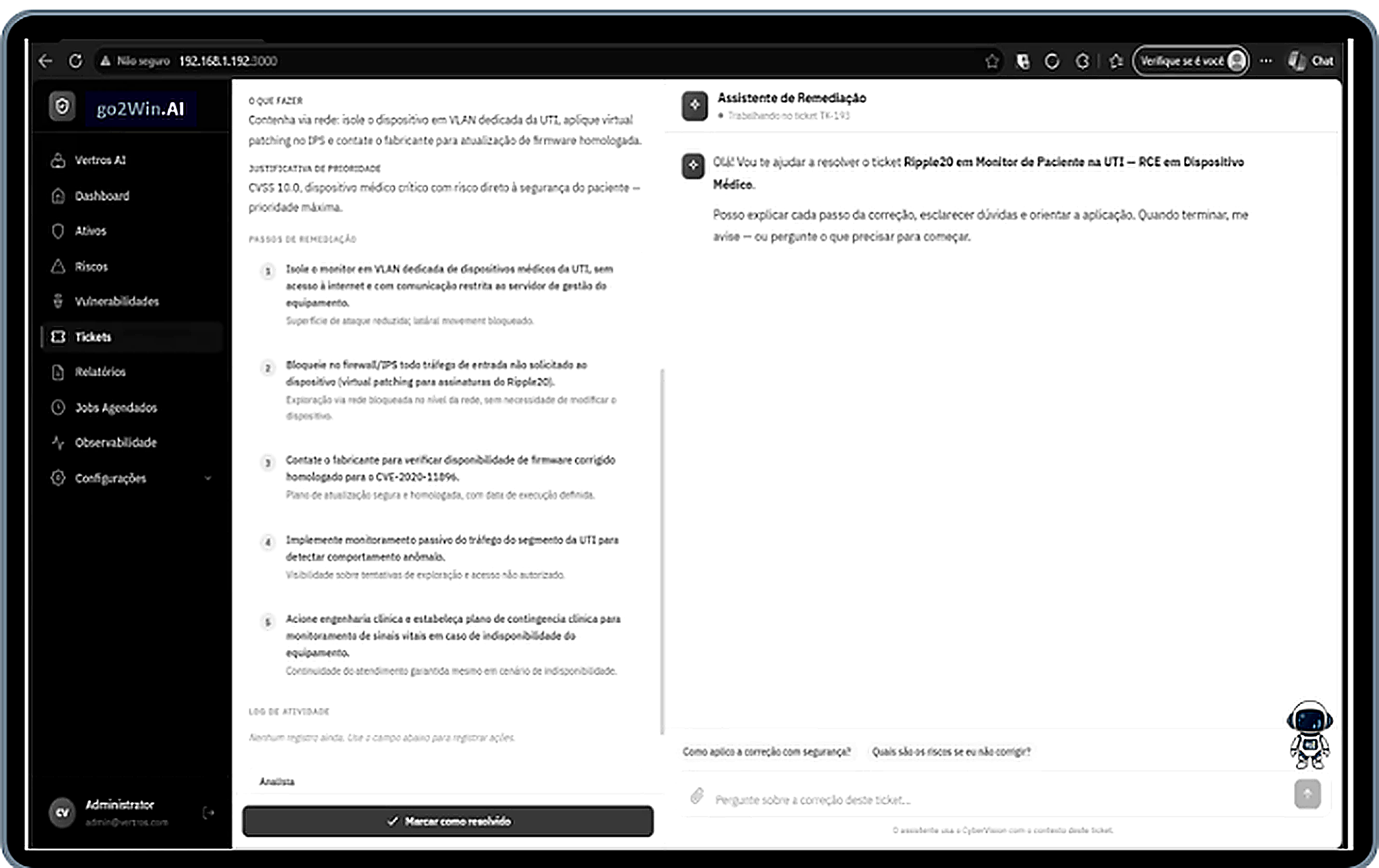 Interface da solução IA Cyber Vision